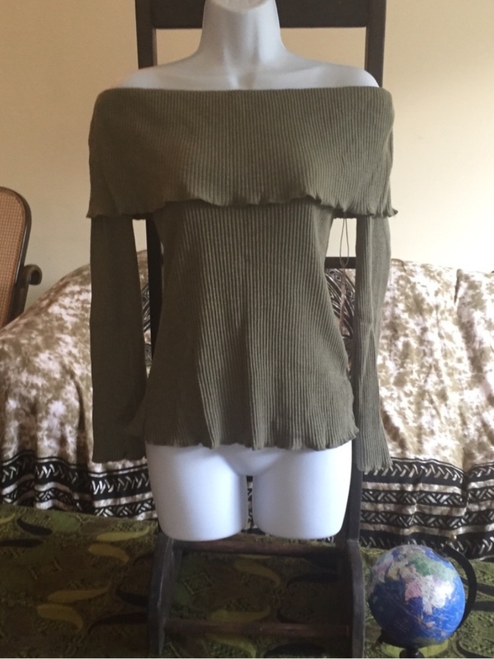 Off-Shoulder Ribbed Olive Green Women's Sweater